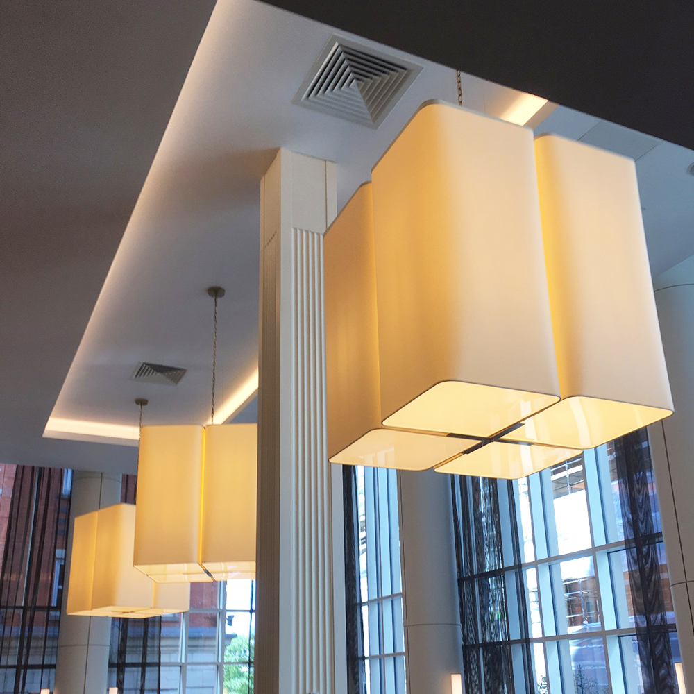Oversized pendant lampshades at the Grand Central Hotel Belfast