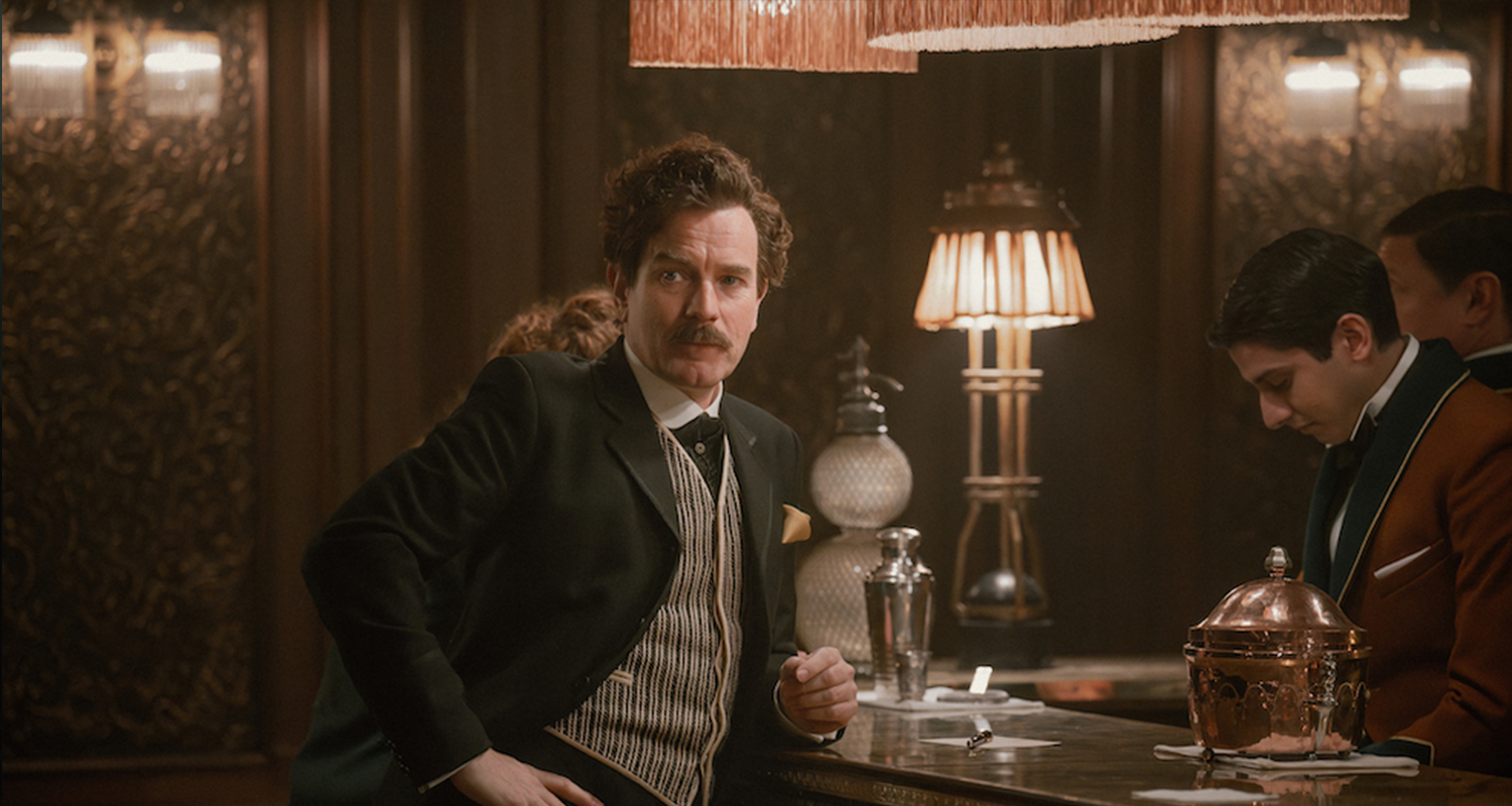 The Shelyapin Bar scene featuring a metal and cotton skirt table lamp on the set of A Gentleman in Moscow.  