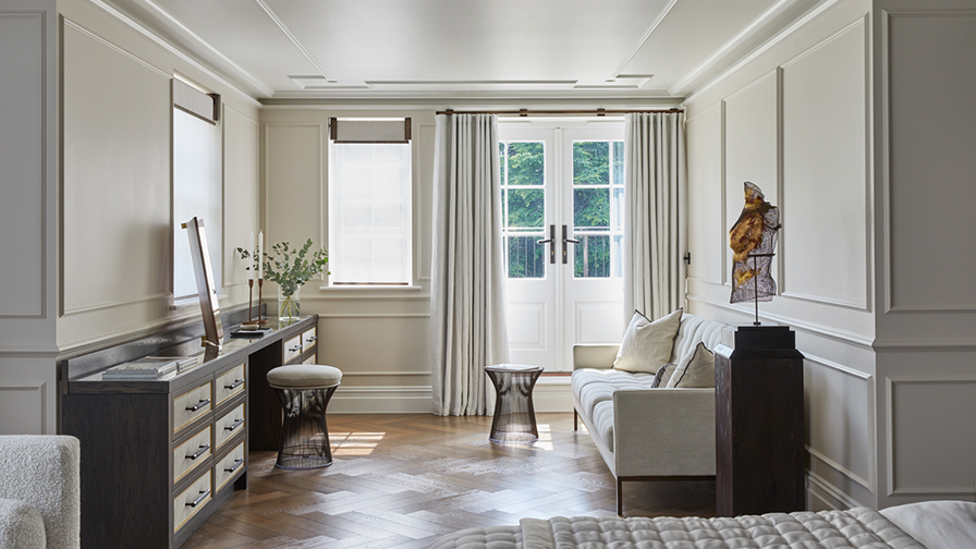 Bedroom with VENESTRE custom V01 Double roller blind and elegant curtains, fitted to windows and French doors. 