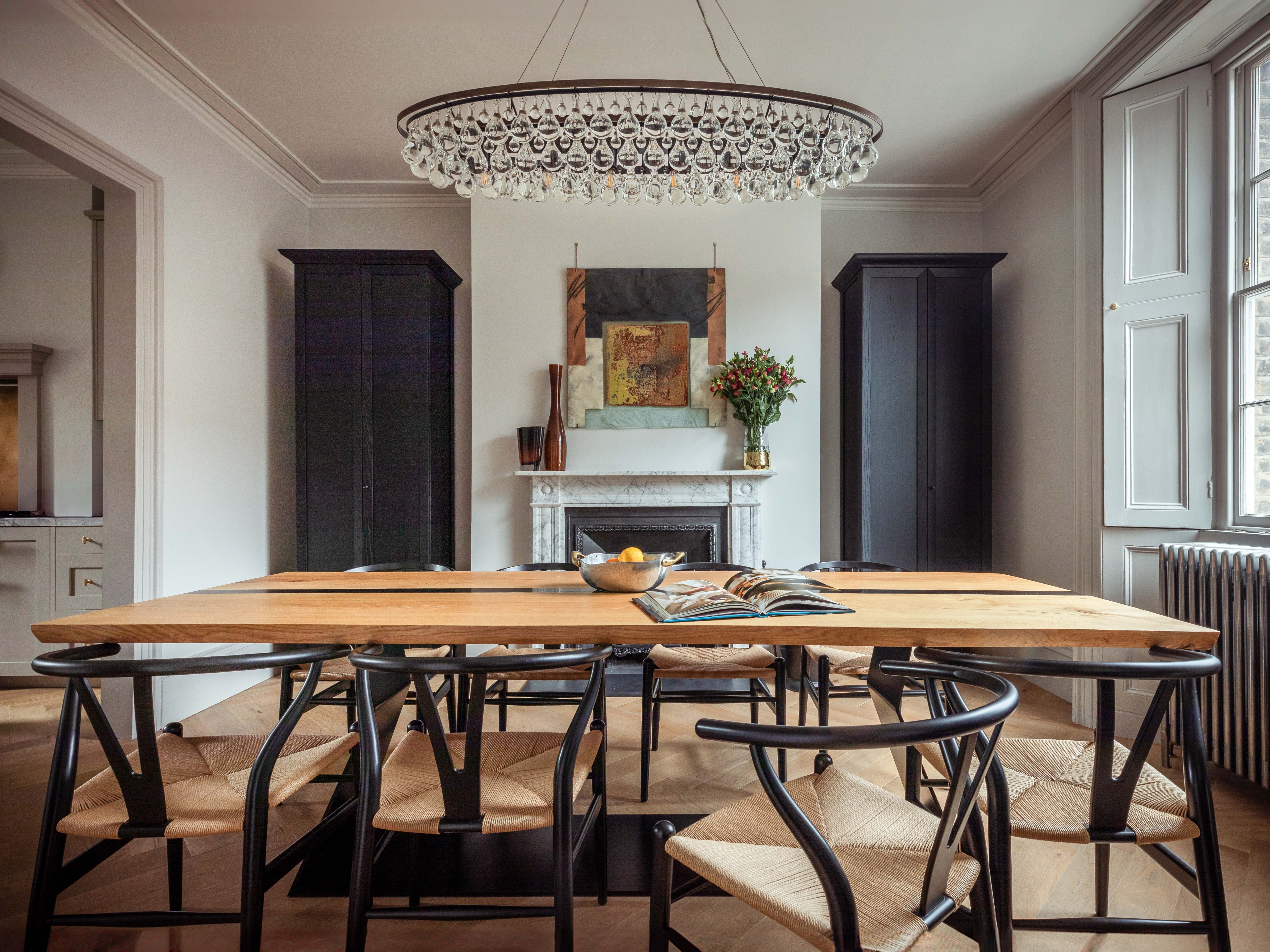 Dining room with custom table and cabinets