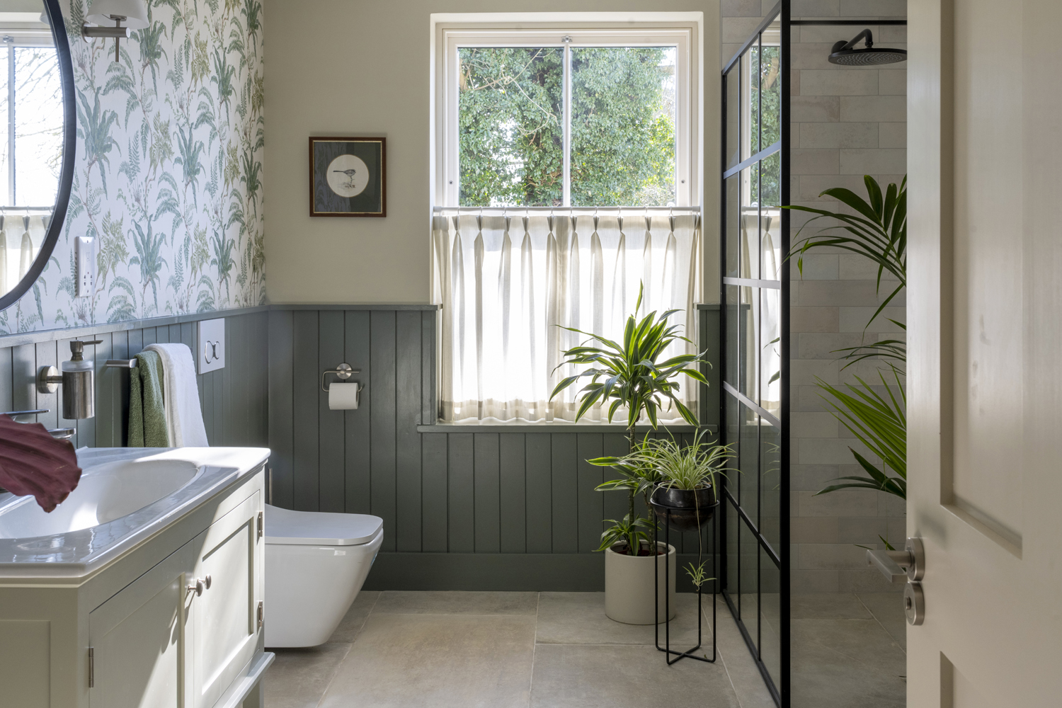 Shower Room with Fern Wallpaper