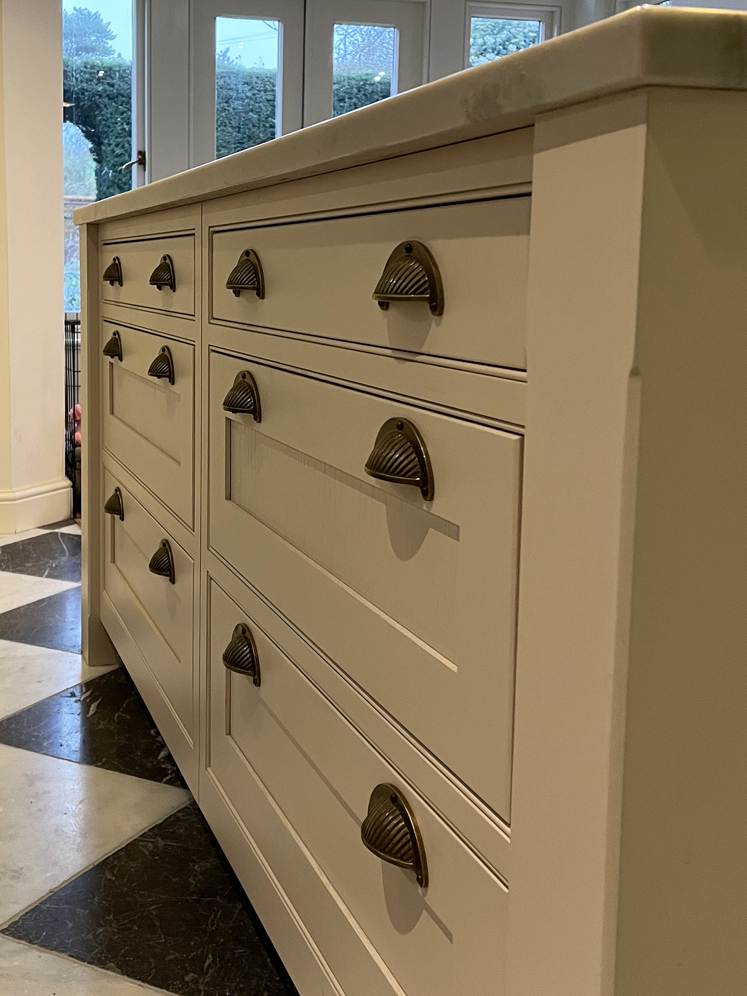 Jim Lawrence brass handles on Farrow & Ball "Tailor Tack" 