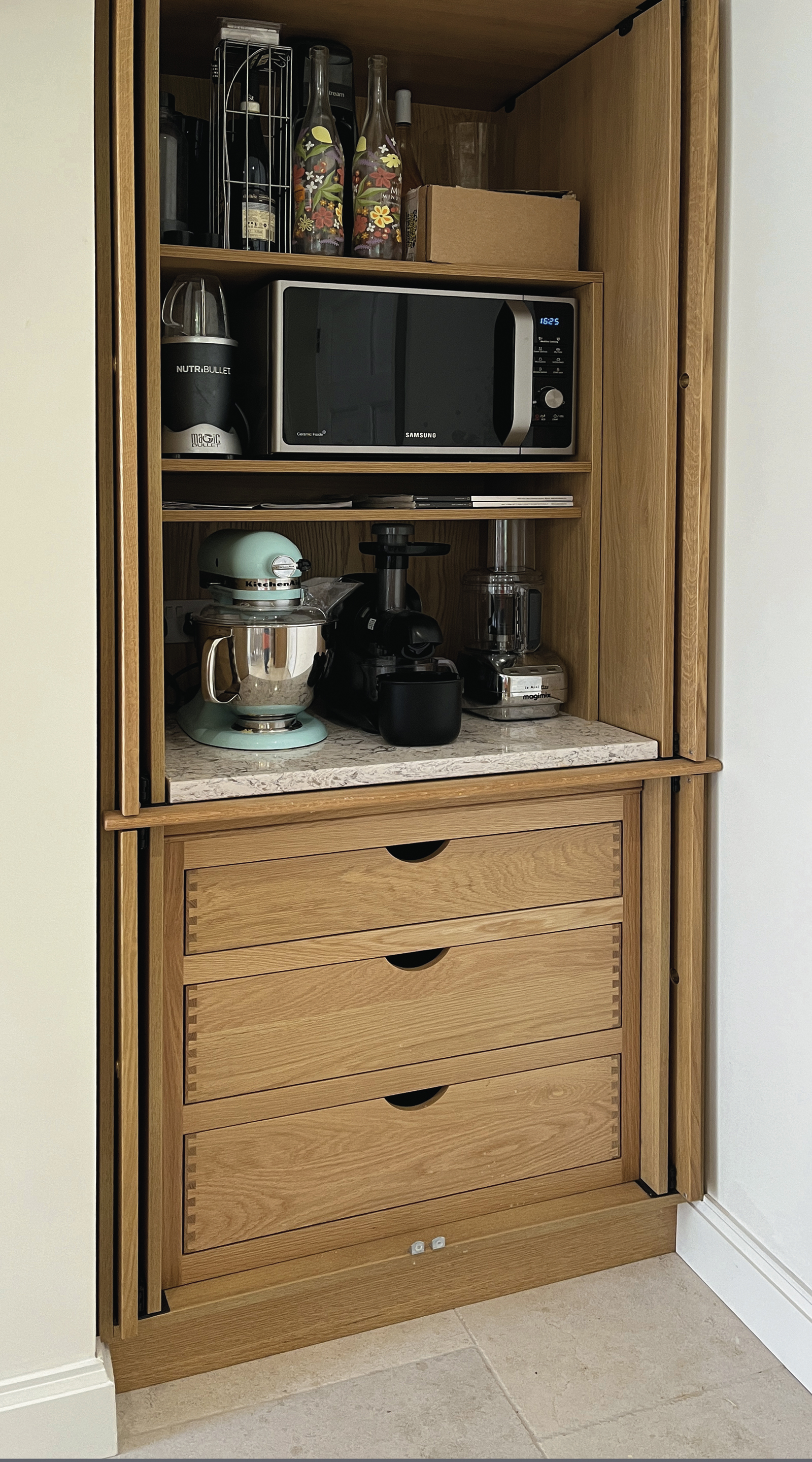 Microwave cabinet with tongue and groove oak drawers