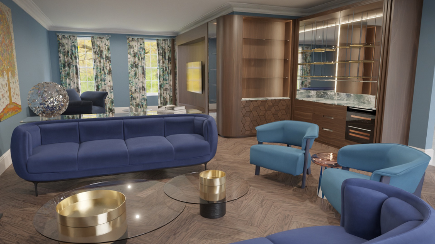 Chislehurst project interior design  blue sofas 