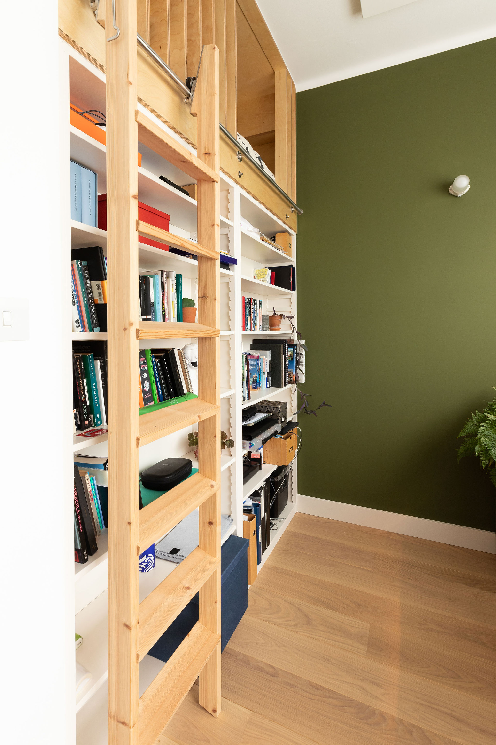 Green walls meet built in joinery and ladder to reach platform 