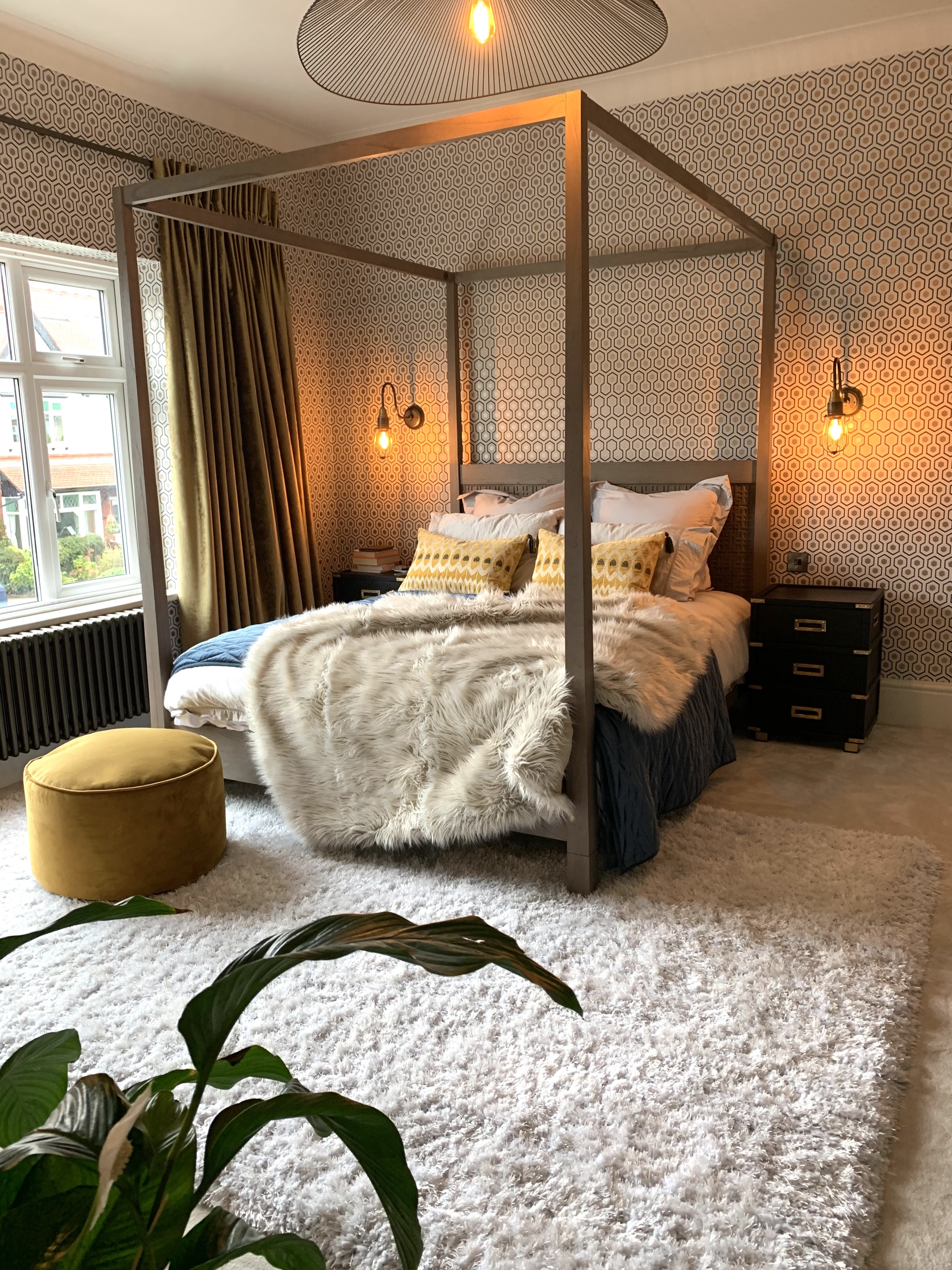 four poster, bedroom, master, principle, cosy, biophilic