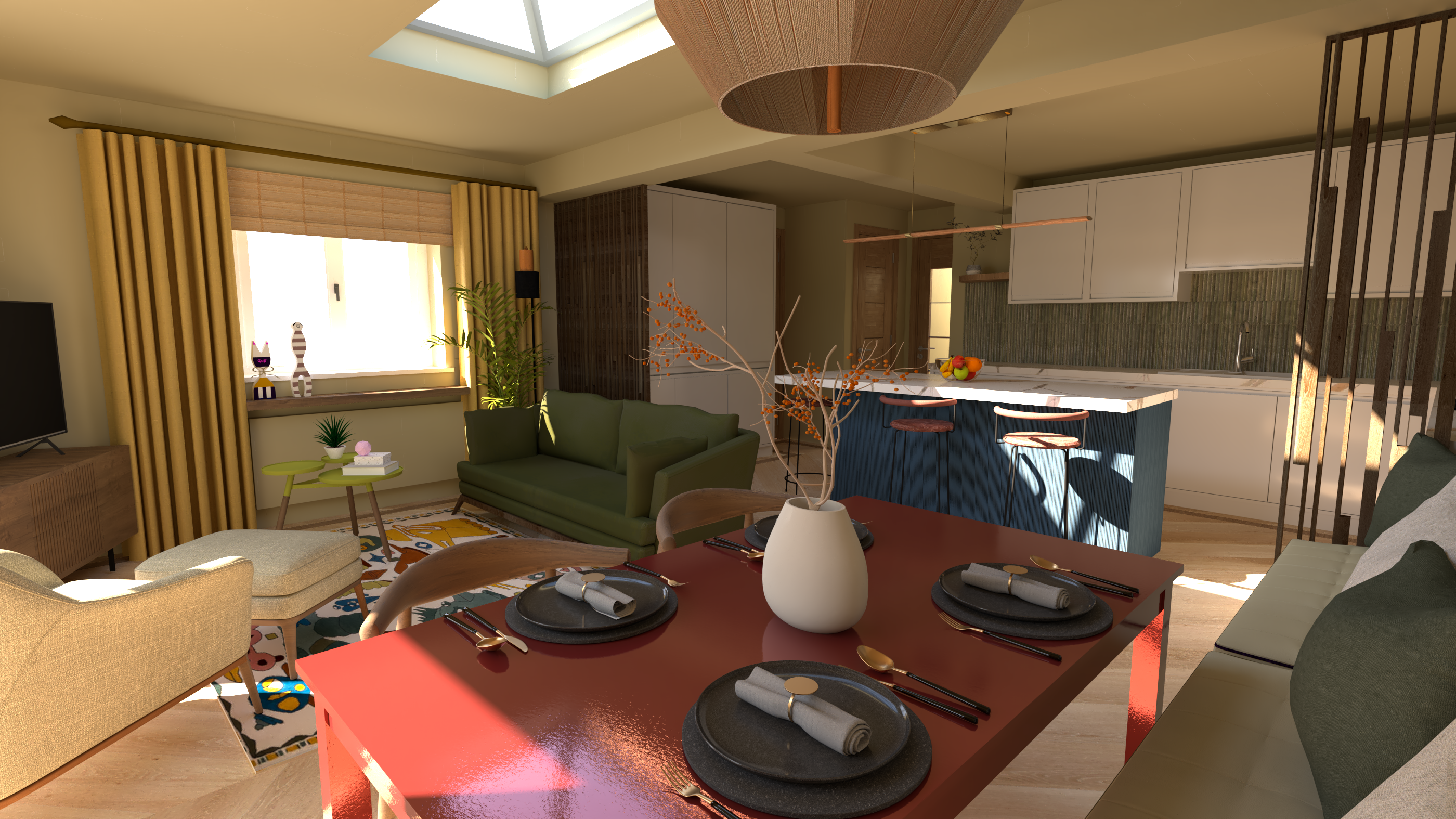 Japandi style open-plan kitchen CGI