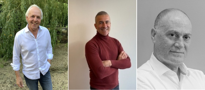 three side by side photos of smiling men.