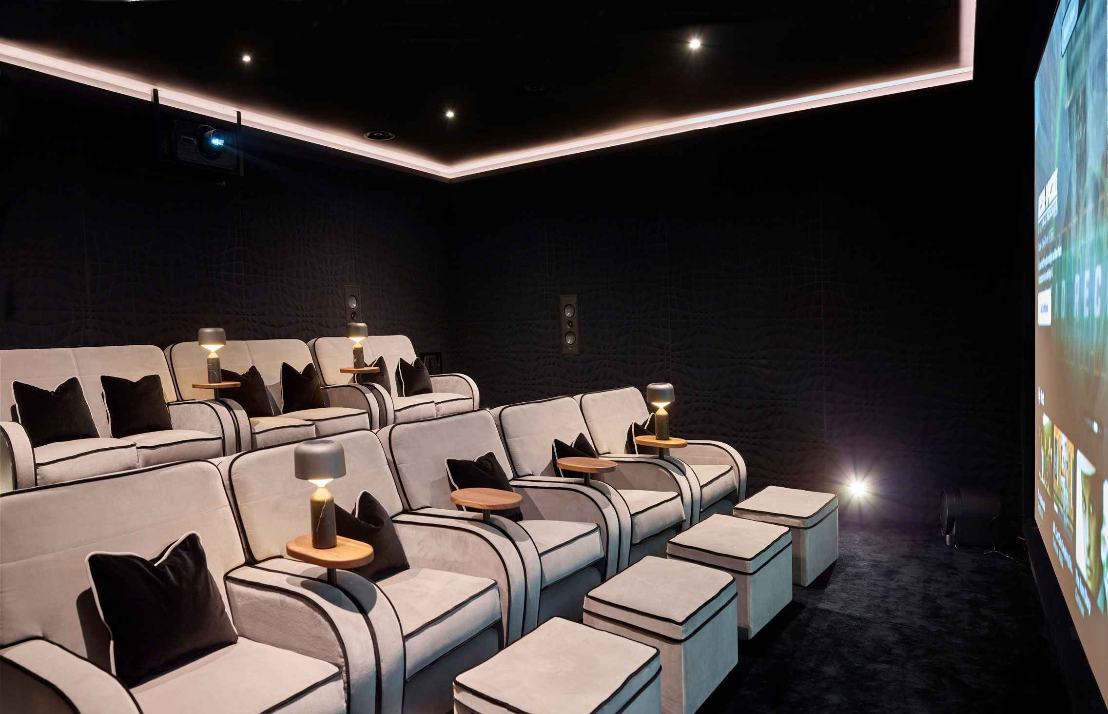 Movie room with cotton velvet bespoke seating
