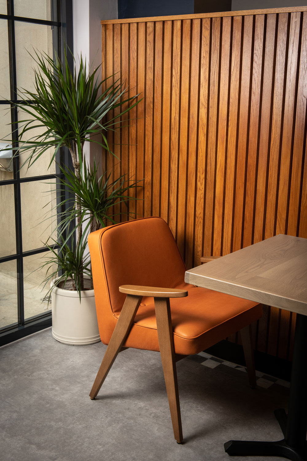 small table and comfy chair and plant