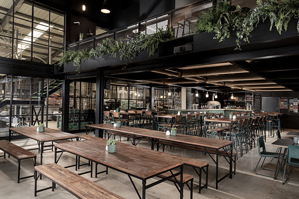 Room with long tables and benches