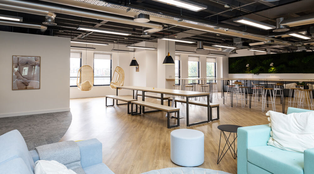 Meeting space with tables with bench seating