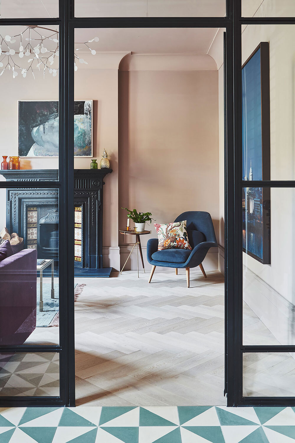 Glass doors leading to living room