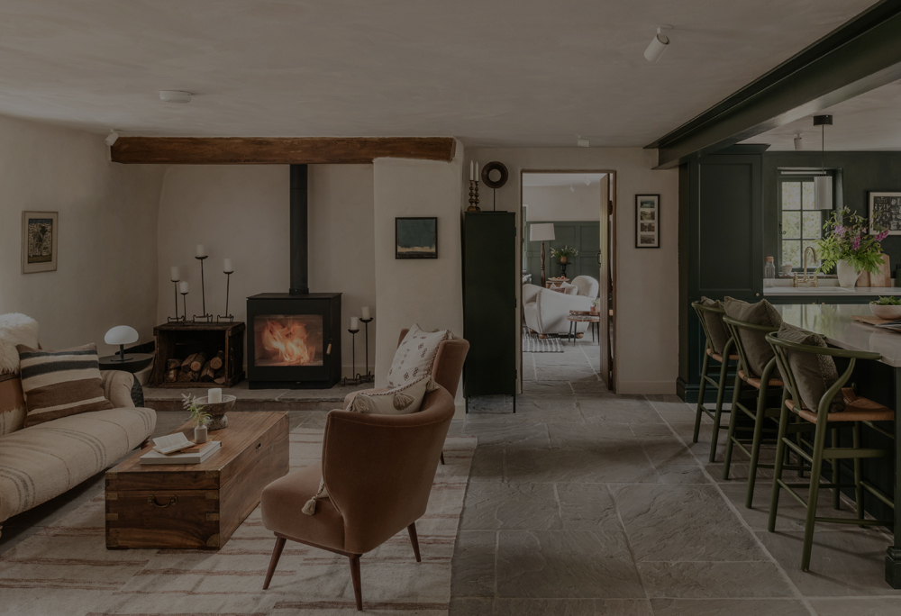 Open living space with seating and fireplace