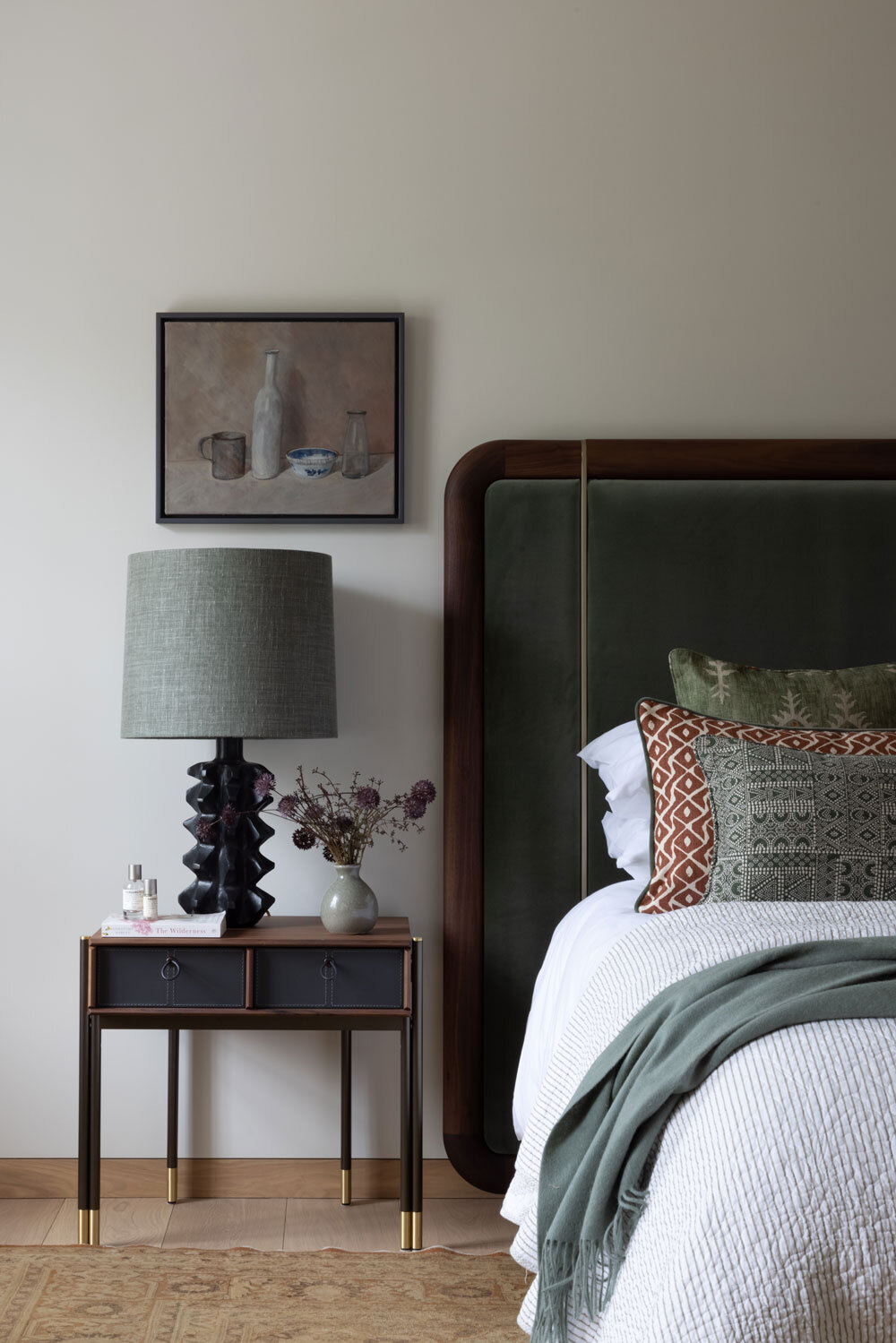 Bed with bedside table