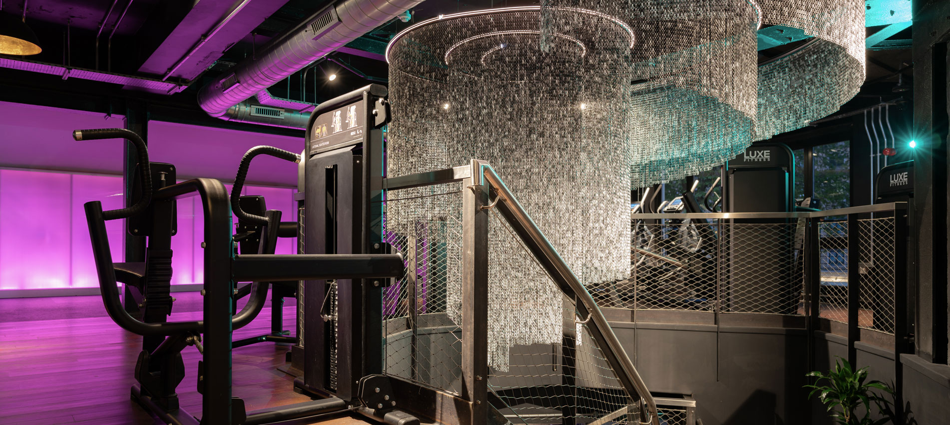 Fitness equipment and glamorous lighting.
