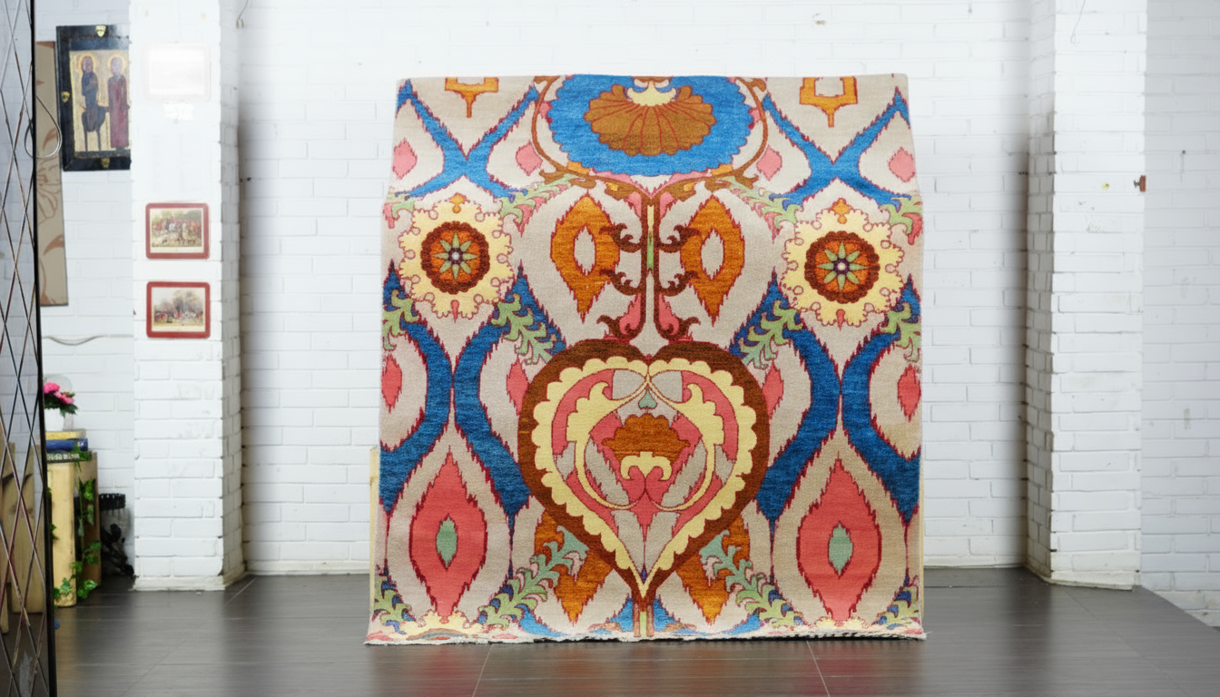 A large, hand-knotted wool and silk rug displayed vertically, featuring a colourful and symmetrical modern Ikat pattern in pink, blue, yellow, and orange on a cream field.