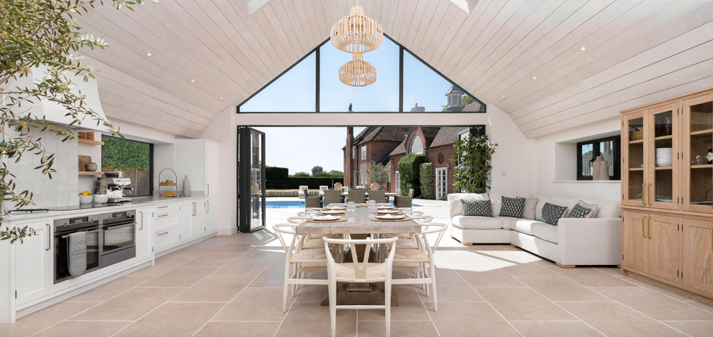 Open plan kitchen, dining, living area