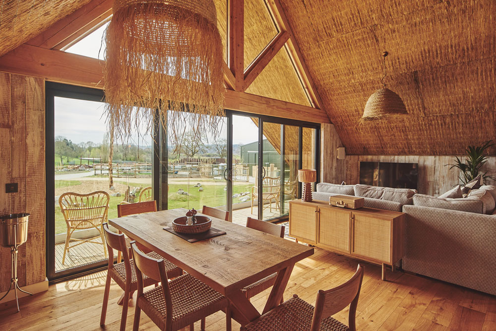 Lodge interior with large windows