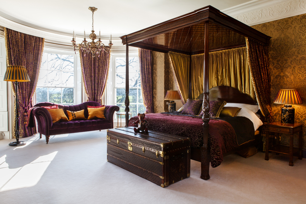 Sumptuous silk damasks extravagant trimming, rich velvets, lacquer, antique furniture & chandelier mixed with discreet lighting and av systems 