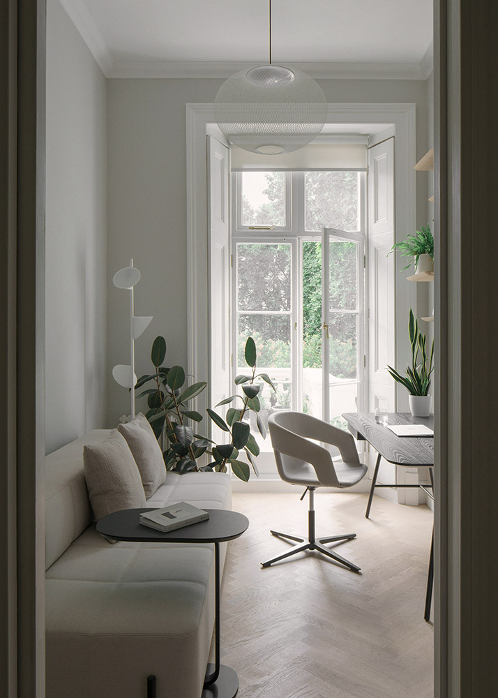 Modern home office in a period property, providing a serene workspace.