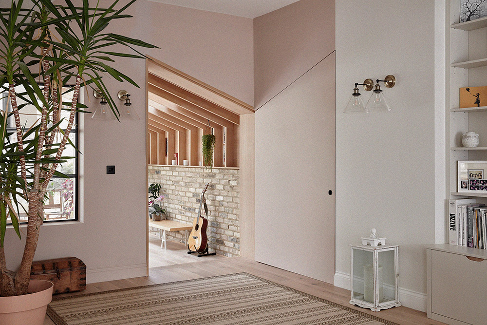 A scandi living room infused with muted, playful colour